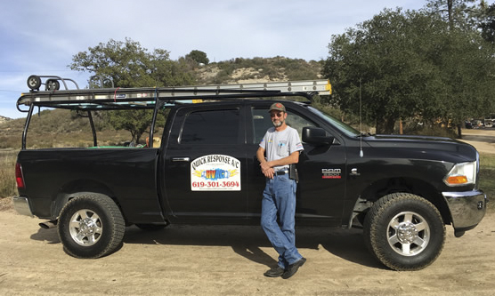 Vince arrives in his truck
